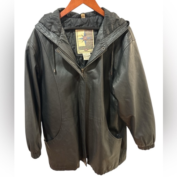 90s MIDDLEBROOK PARK HOODED BLACK LEATHER JACKET OVERSIZED GOTH ROCKABILLY SZ L - Picture 4 of 9